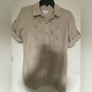 Charter Club women’s Tan Embroidered Button Down Shirt